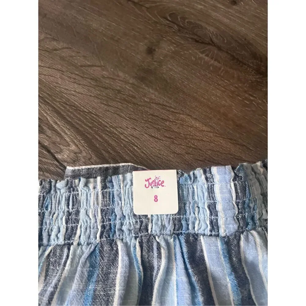 Justice Girl's Wide Leg Linen Belted Pants Blue White Gray Stripes Sz 8